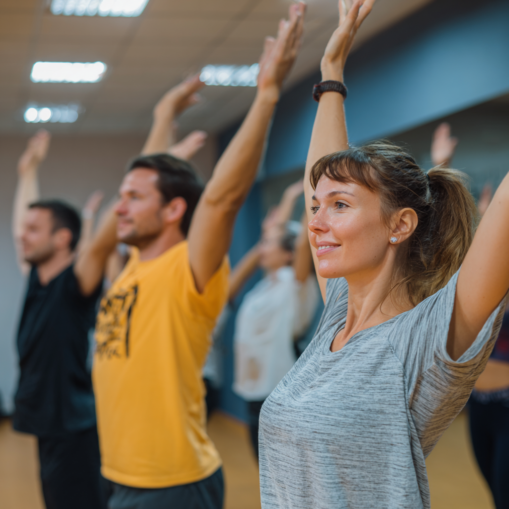 Group of smiling middle-aged Ukrainian adults practicing yoga poses in a bright, modern fitness studio with natural lighting